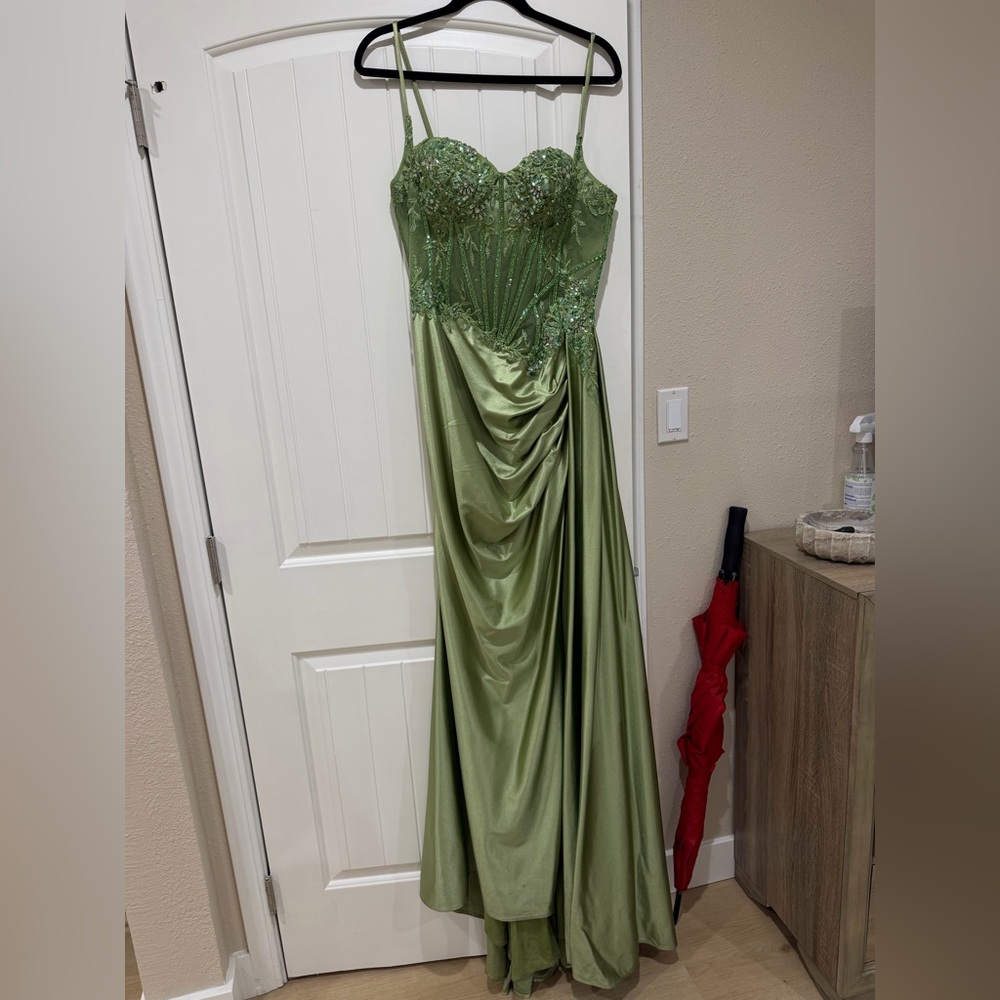 Sage Green Beaded Satin Evening Gown